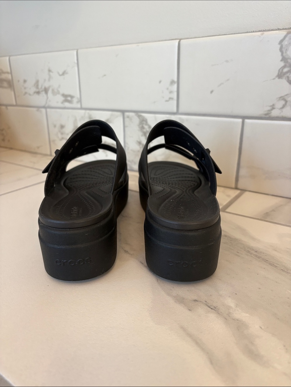 CROCS Black Platform Dual-Strap Slide Sandals - Picture 3 of 4